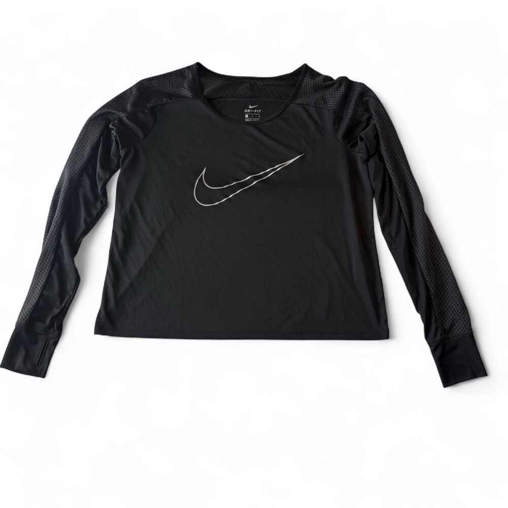 Nike Dri-Fit Black Mesh Panel Long Sleeve Crop Top Swoosh Thumbholes Large